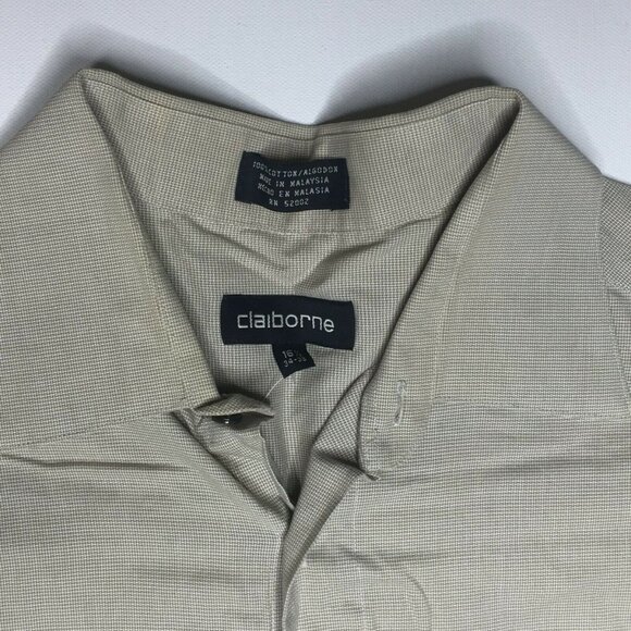 Claiborne Men's Button Up Long Sleeve Collared Shirt Beige Solid Size 34-35 - Picture 2 of 10